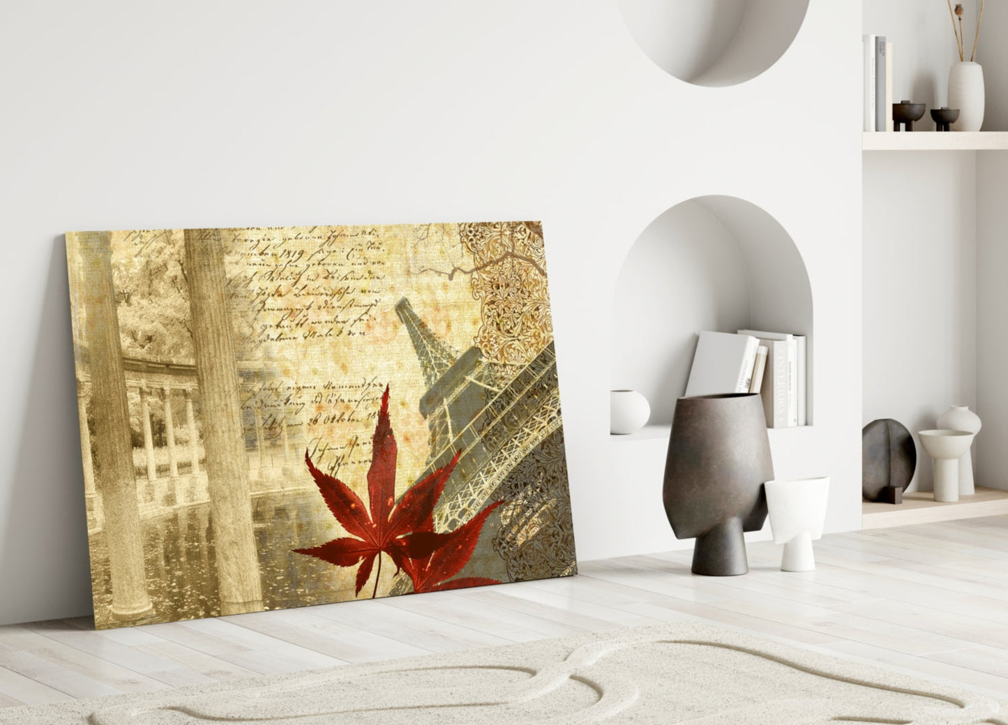 Paris Eiffel Tower Maple Leaf Glass Wall Art