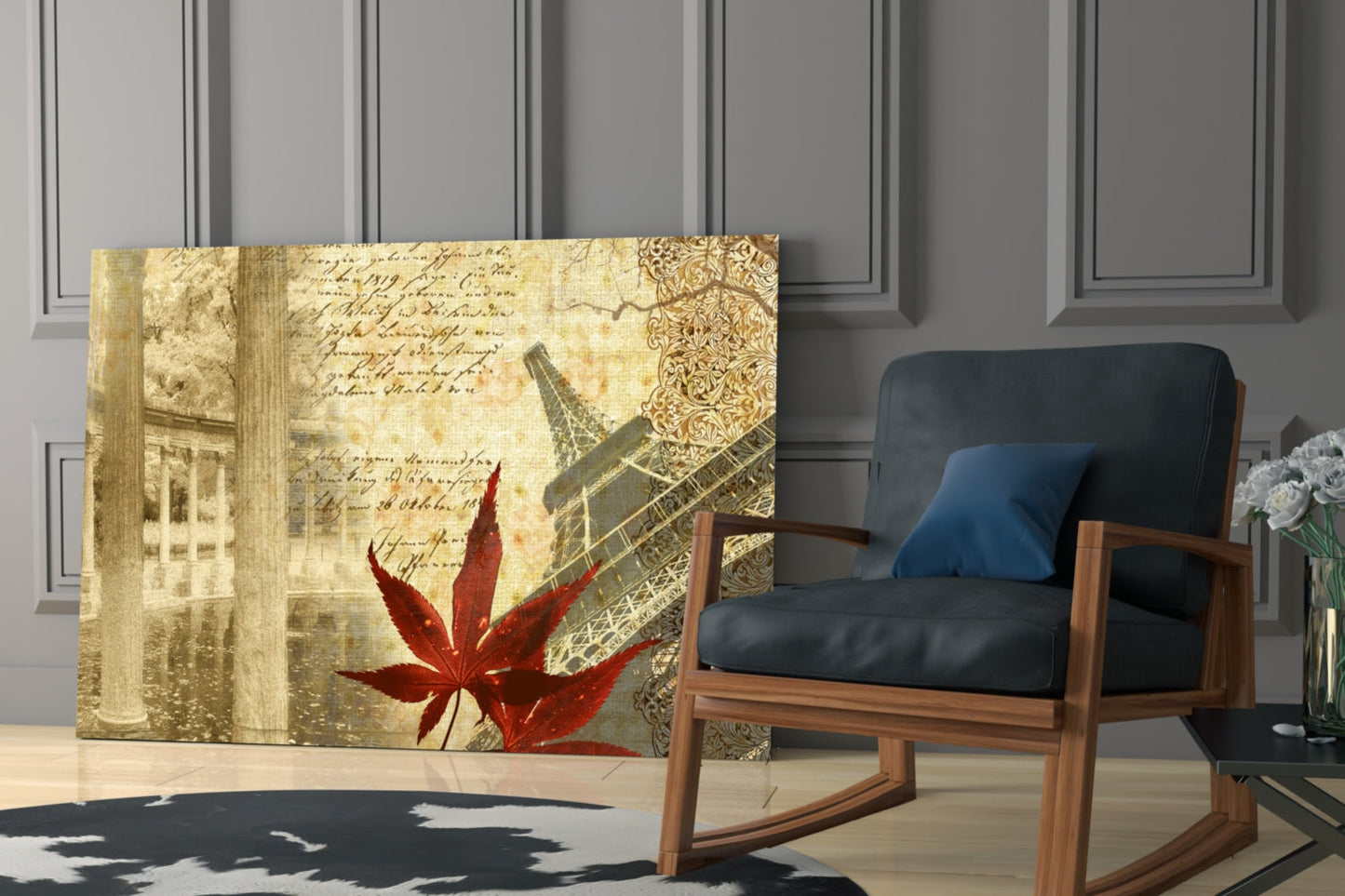 Paris Eiffel Tower Maple Leaf Glass Wall Art