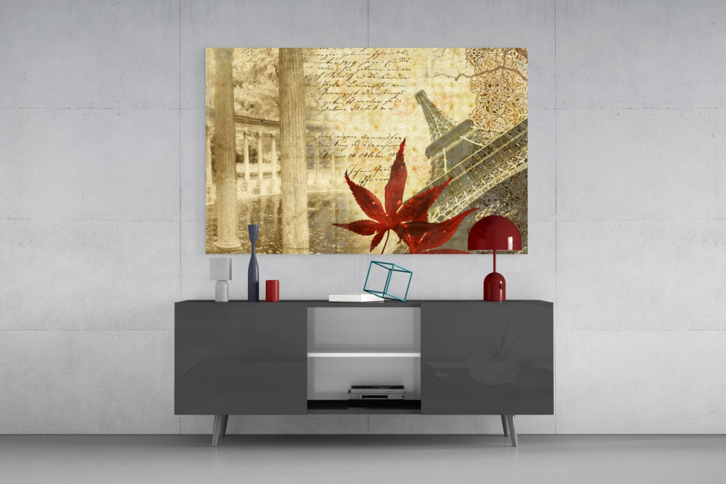 Paris Eiffel Tower Maple Leaf Glass Wall Art