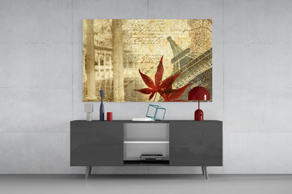 Paris Eiffel Tower Maple Leaf Glass Wall Art