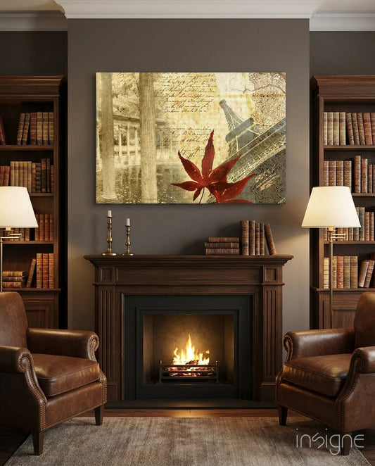 Paris Eiffel Tower Maple Leaf glass wall art vintage collage