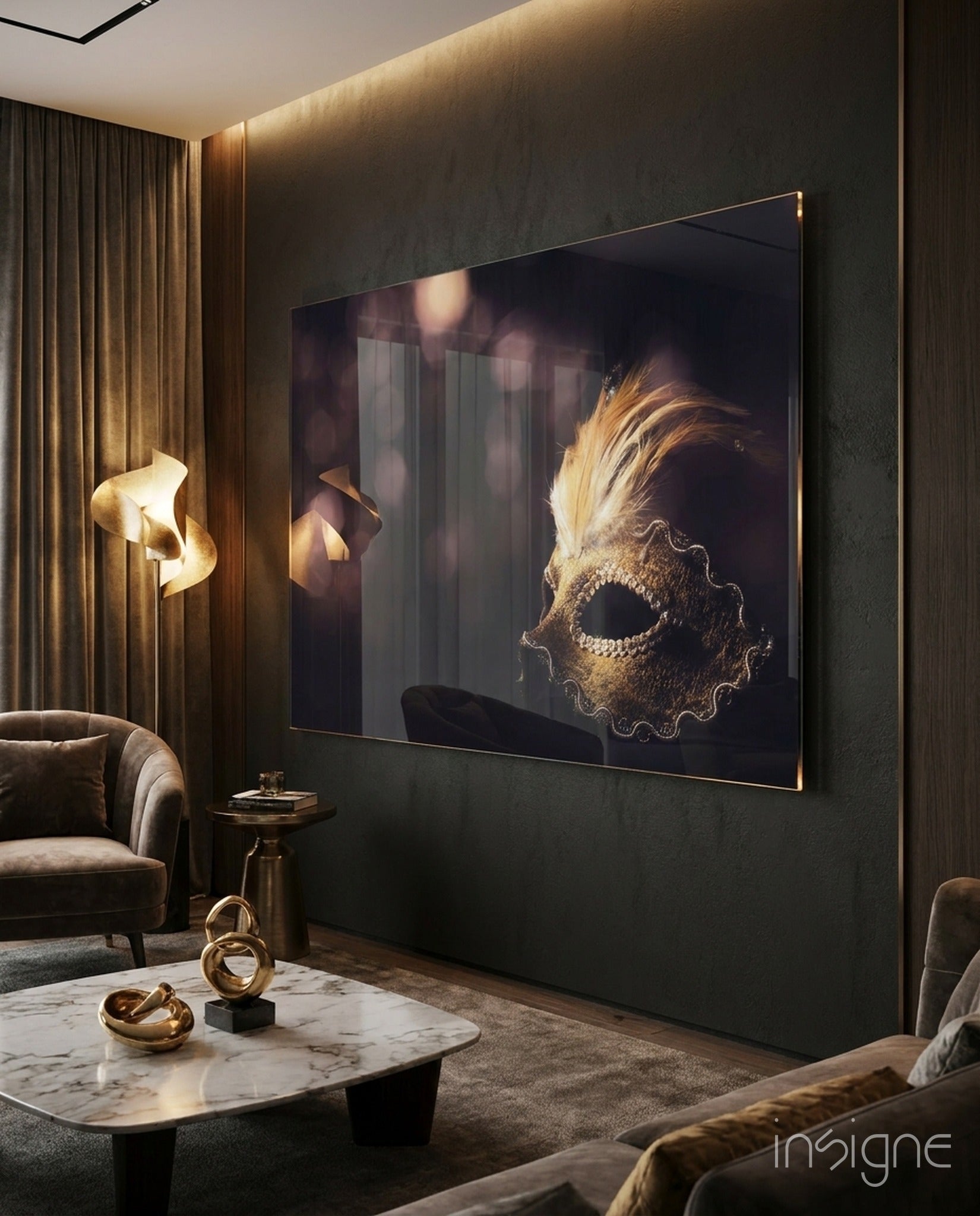 Venetian Mask tempered glass wall art on a wall
