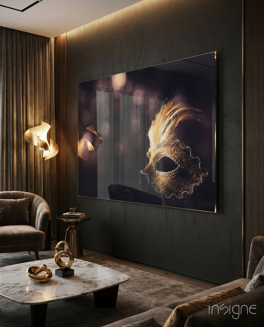 Venetian Mask tempered glass wall art on a wall