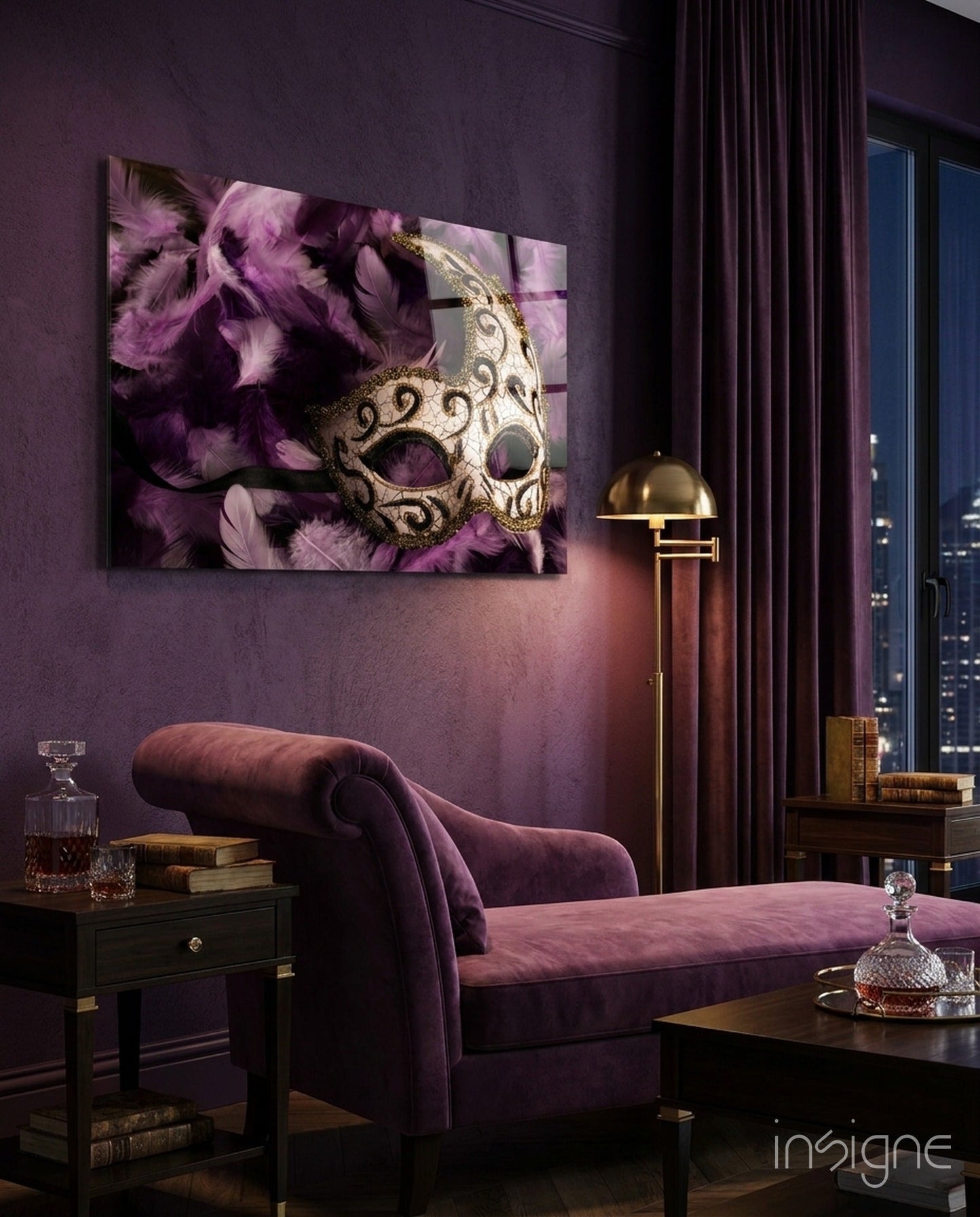 Venetian Mask tempered glass wall art on a wall