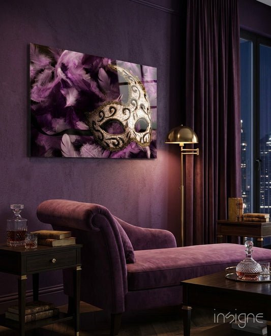 Venetian Mask tempered glass wall art on a wall