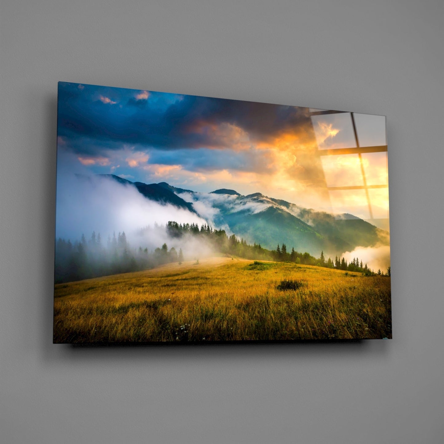 Golden Mountain Sunrise Glass Wall Art, Foggy Ridge Landscape