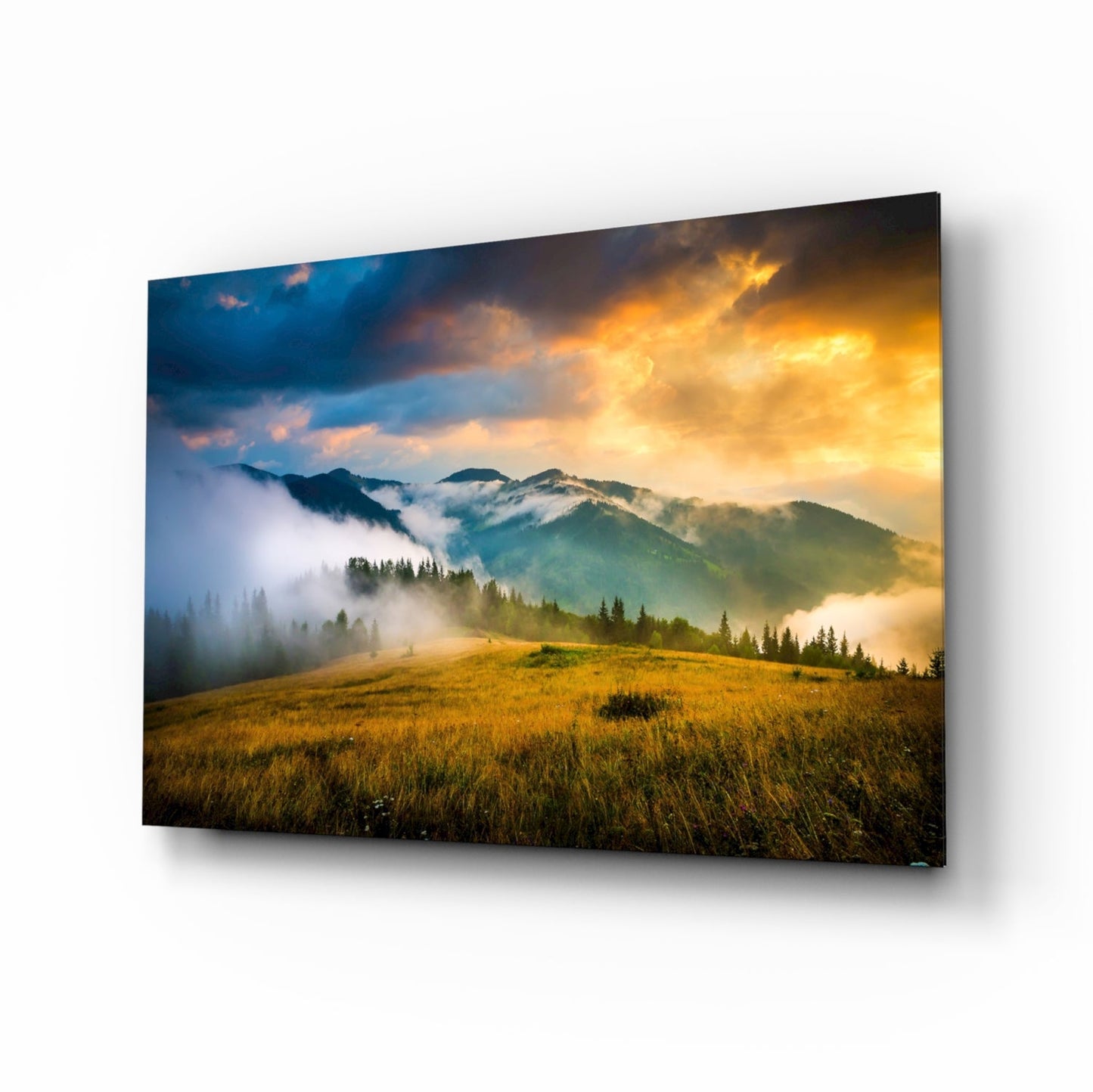 Golden Mountain Sunrise Glass Wall Art, Foggy Ridge Landscape