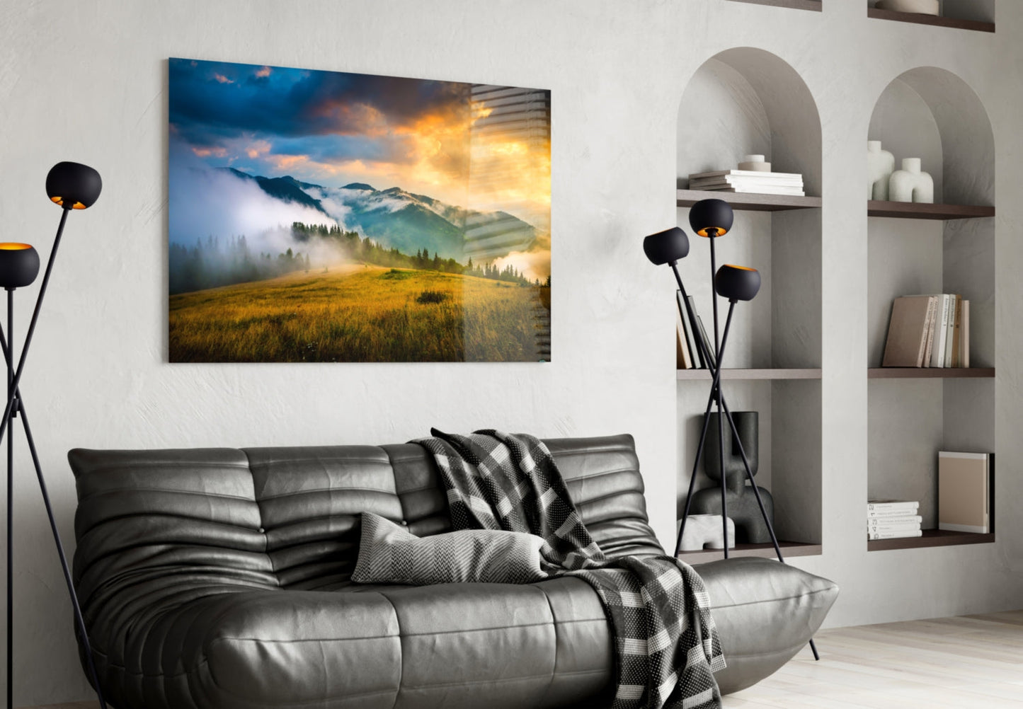 Golden Mountain Sunrise Glass Wall Art, Foggy Ridge Landscape
