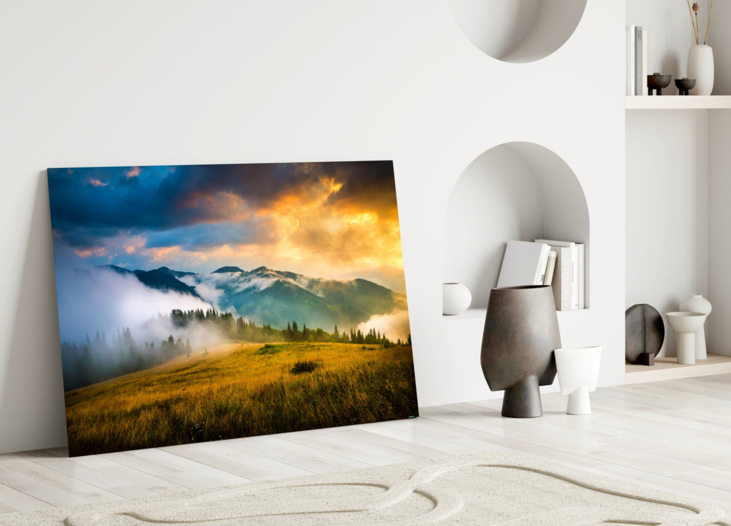 Golden Mountain Sunrise Glass Wall Art, Foggy Ridge Landscape