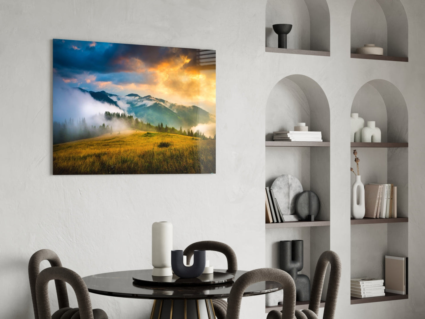 Golden Mountain Sunrise Glass Wall Art, Foggy Ridge Landscape