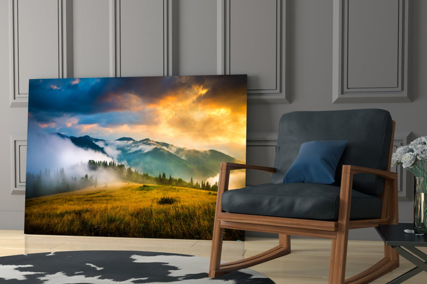 Golden Mountain Sunrise Glass Wall Art, Foggy Ridge Landscape