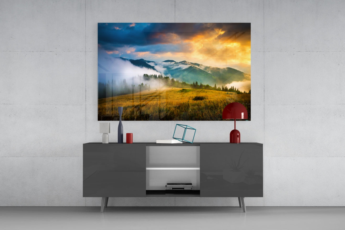 Golden Mountain Sunrise Glass Wall Art, Foggy Ridge Landscape