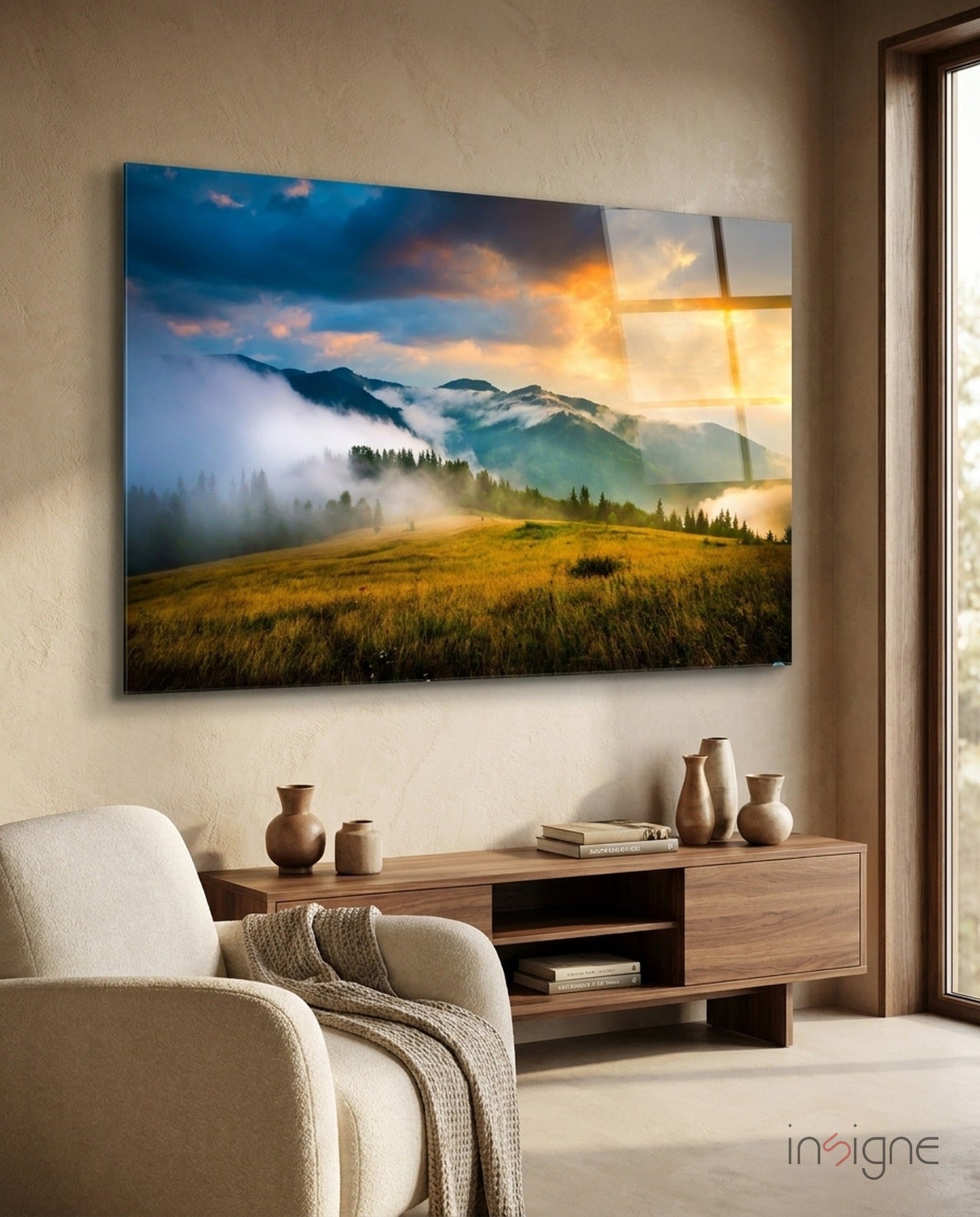 Golden mountain sunrise above fog landscape glass wall art