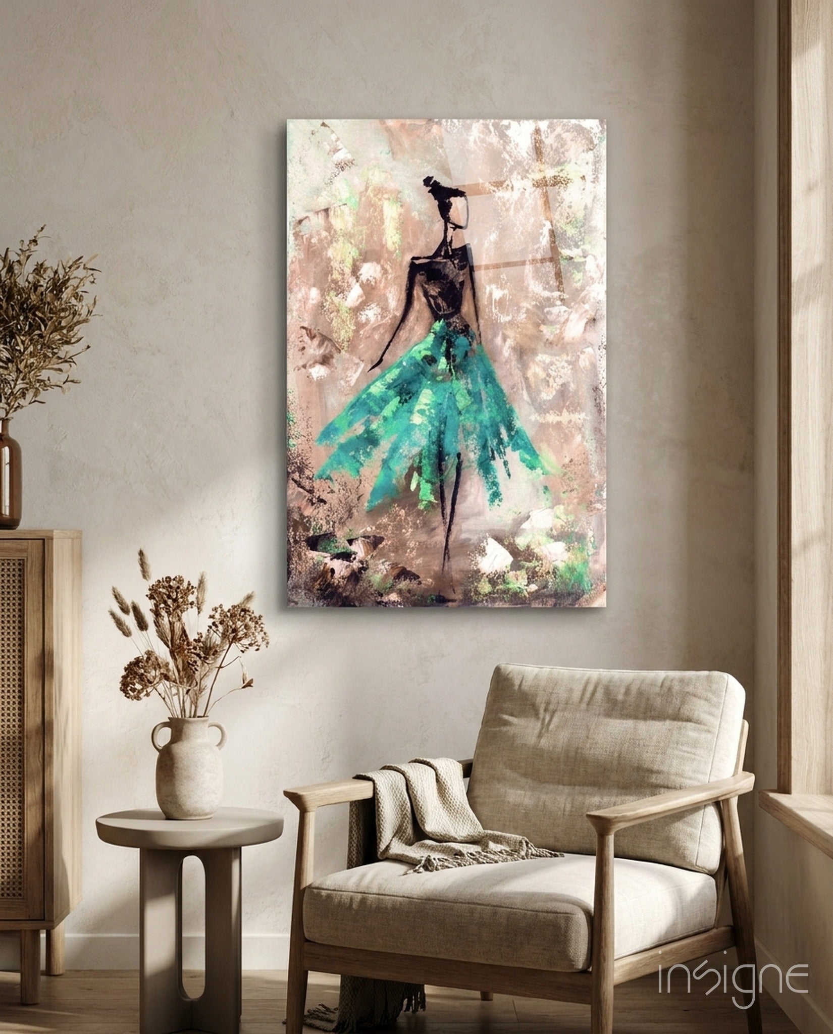 Emerald Gown Dancer glass wall art print