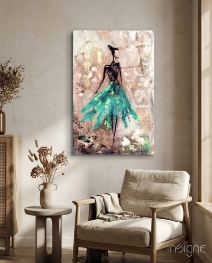 Emerald Gown Dancer glass wall art print
