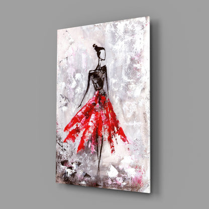 Crimson Petal Dress Dancer Glass Wall Art