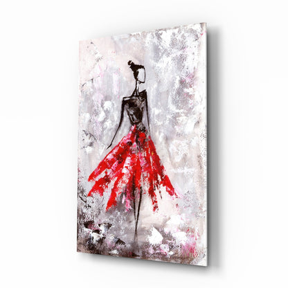 Crimson Petal Dress Dancer Glass Wall Art