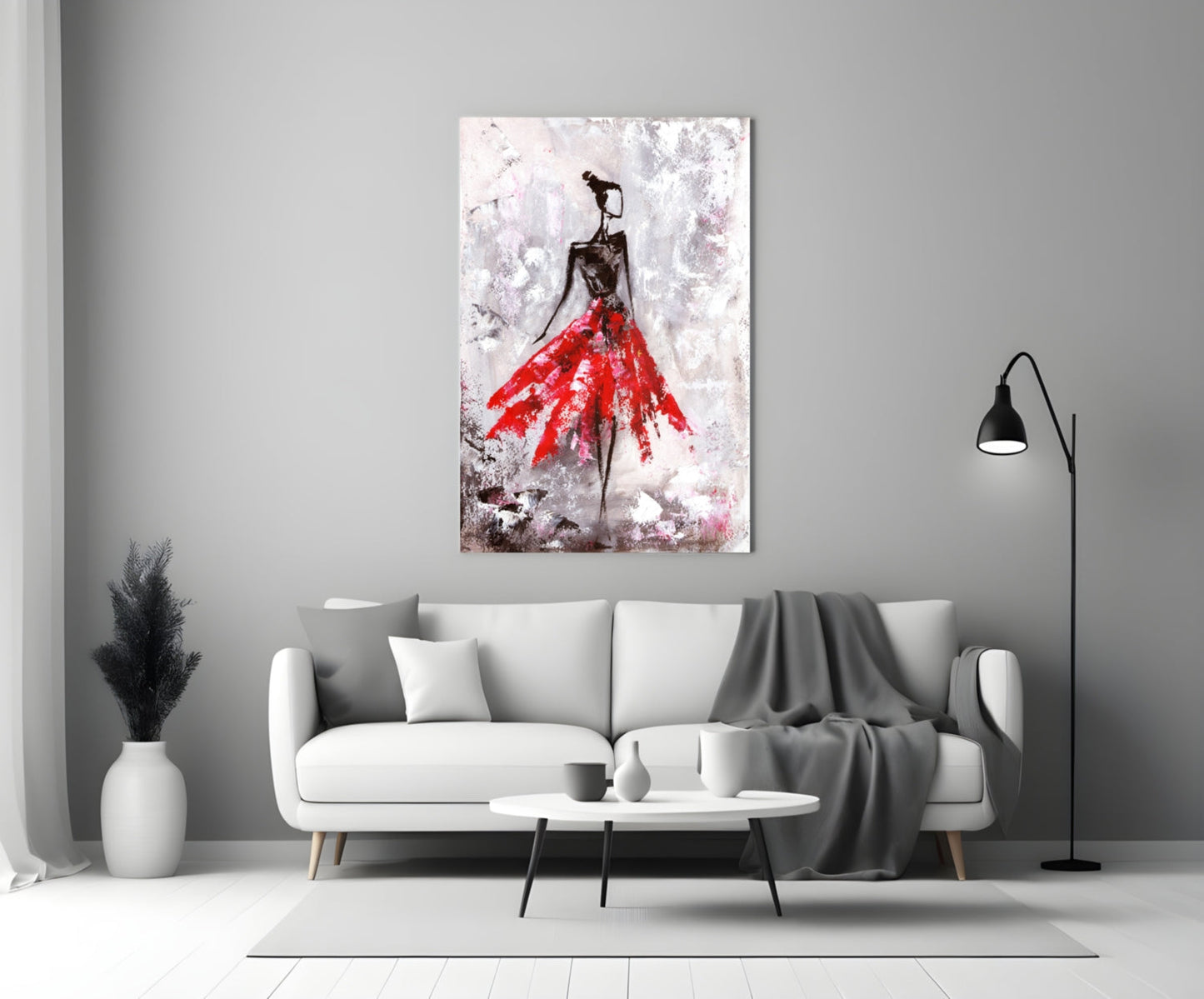 Crimson Petal Dress Dancer Glass Wall Art