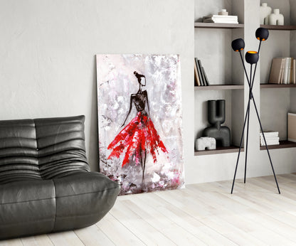 Crimson Petal Dress Dancer Glass Wall Art