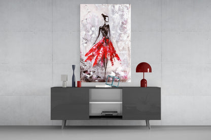 Crimson Petal Dress Dancer Glass Wall Art