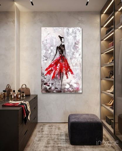 Crimson petal dress dancer glass wall art