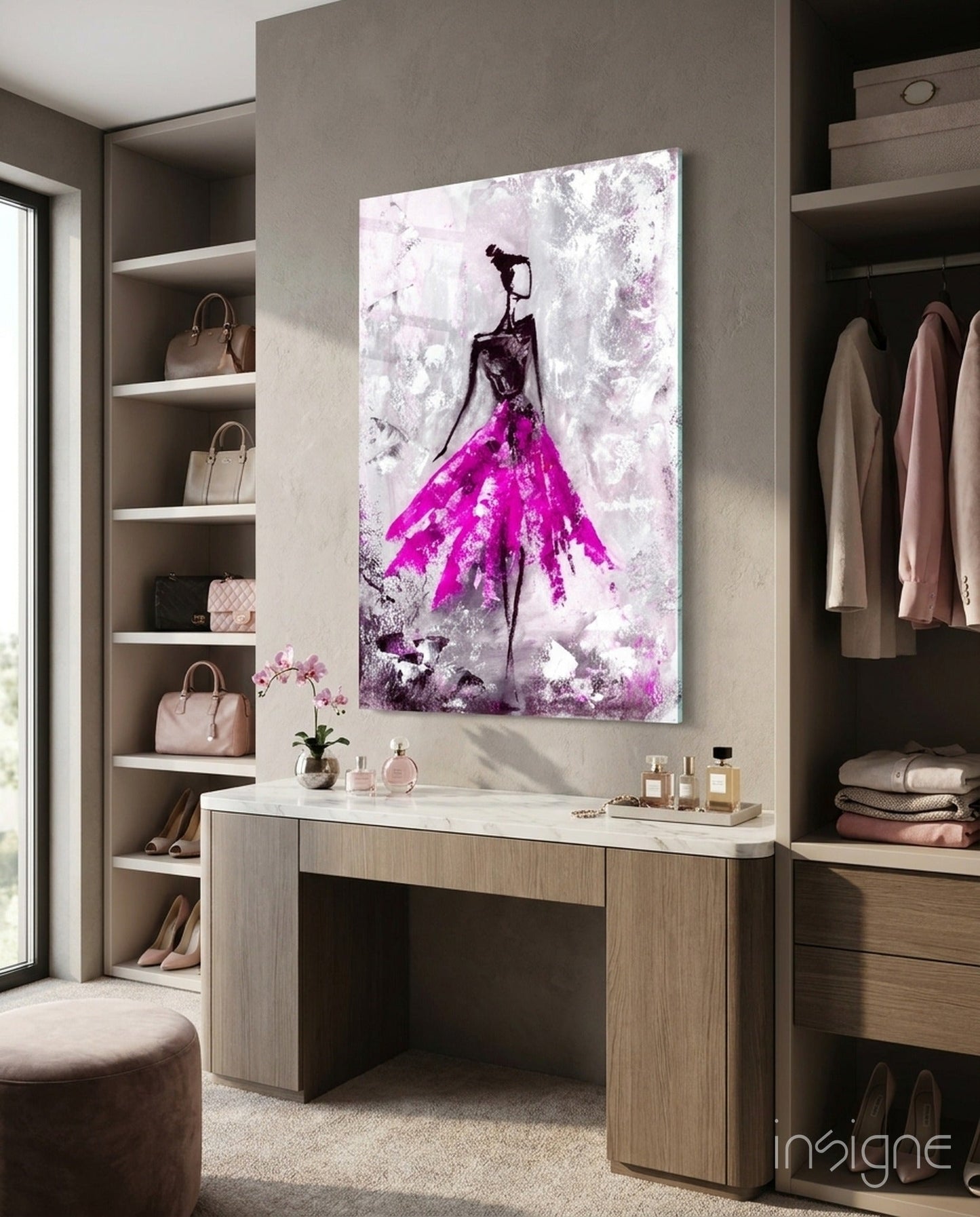 Woman pink fashion illustration glass wall art print