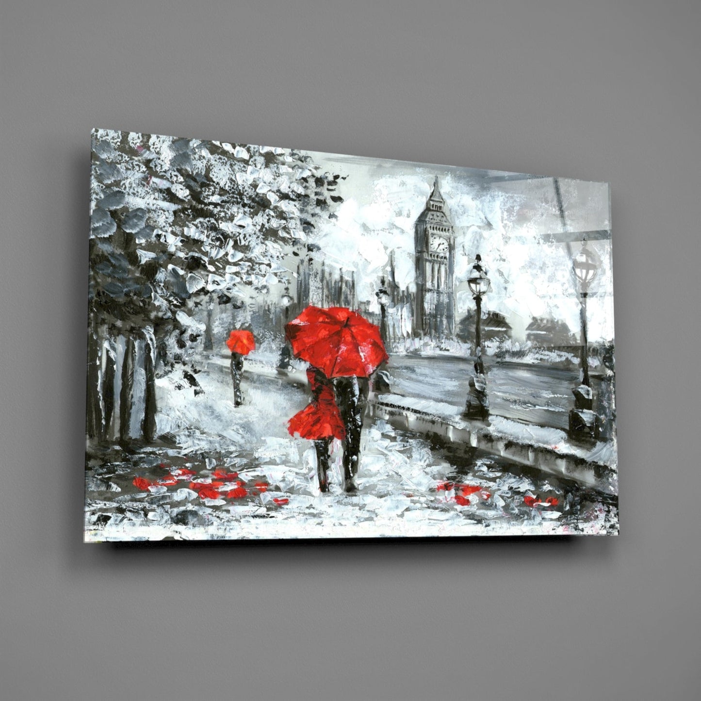 London Rainy Street Red Umbrellas Glass Wall Art