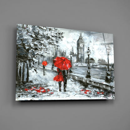 London Rainy Street Red Umbrellas Glass Wall Art
