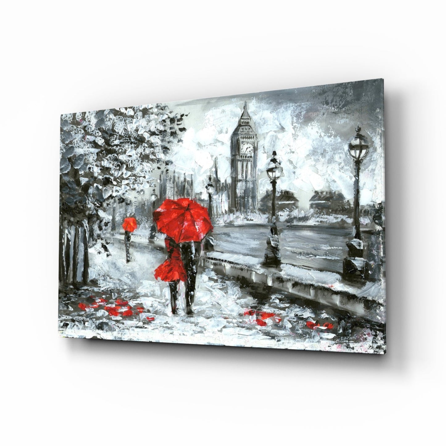 London Rainy Street Red Umbrellas Glass Wall Art