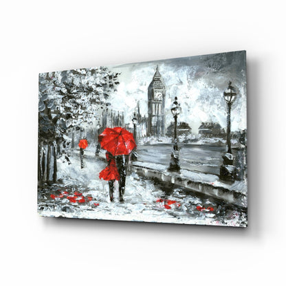 London Rainy Street Red Umbrellas Glass Wall Art