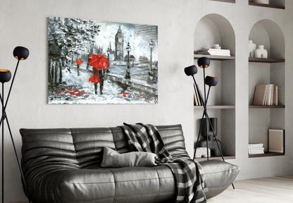 London Rainy Street Red Umbrellas Glass Wall Art