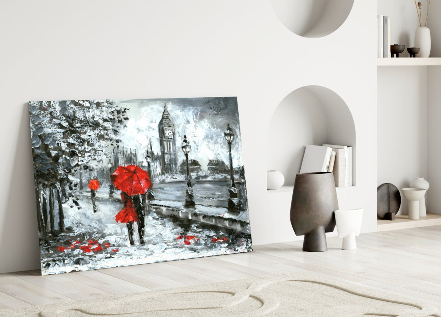 London Rainy Street Red Umbrellas Glass Wall Art