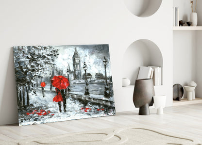 London Rainy Street Red Umbrellas Glass Wall Art