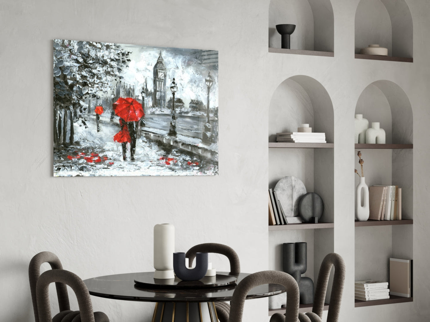 London Rainy Street Red Umbrellas Glass Wall Art