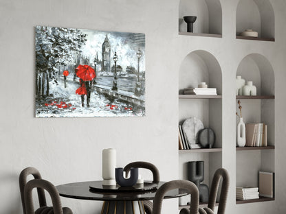 London Rainy Street Red Umbrellas Glass Wall Art