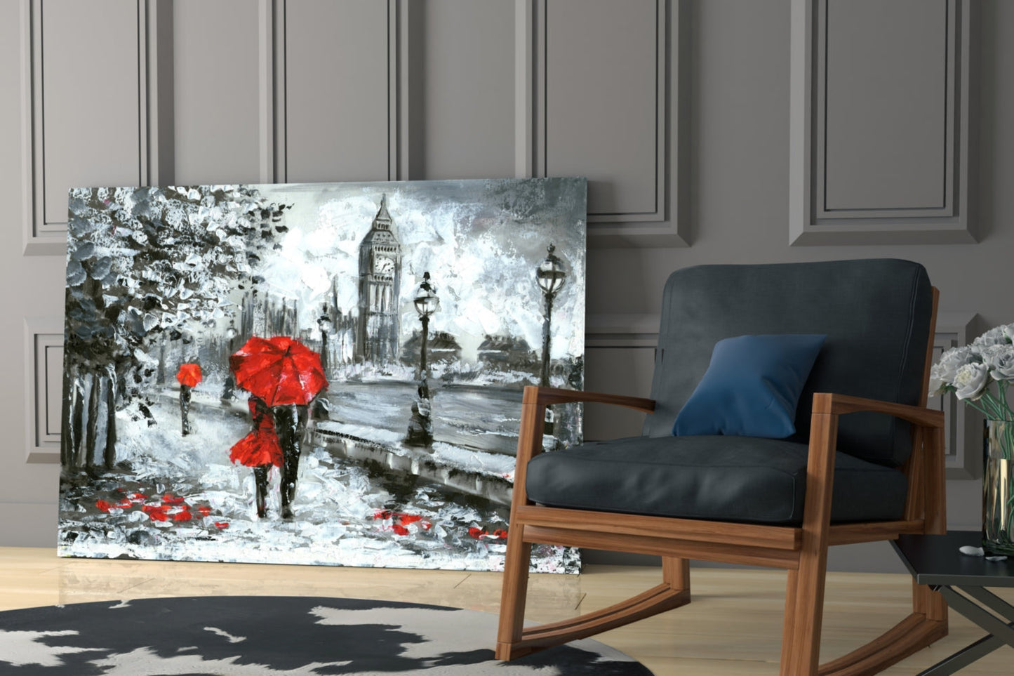 London Rainy Street Red Umbrellas Glass Wall Art