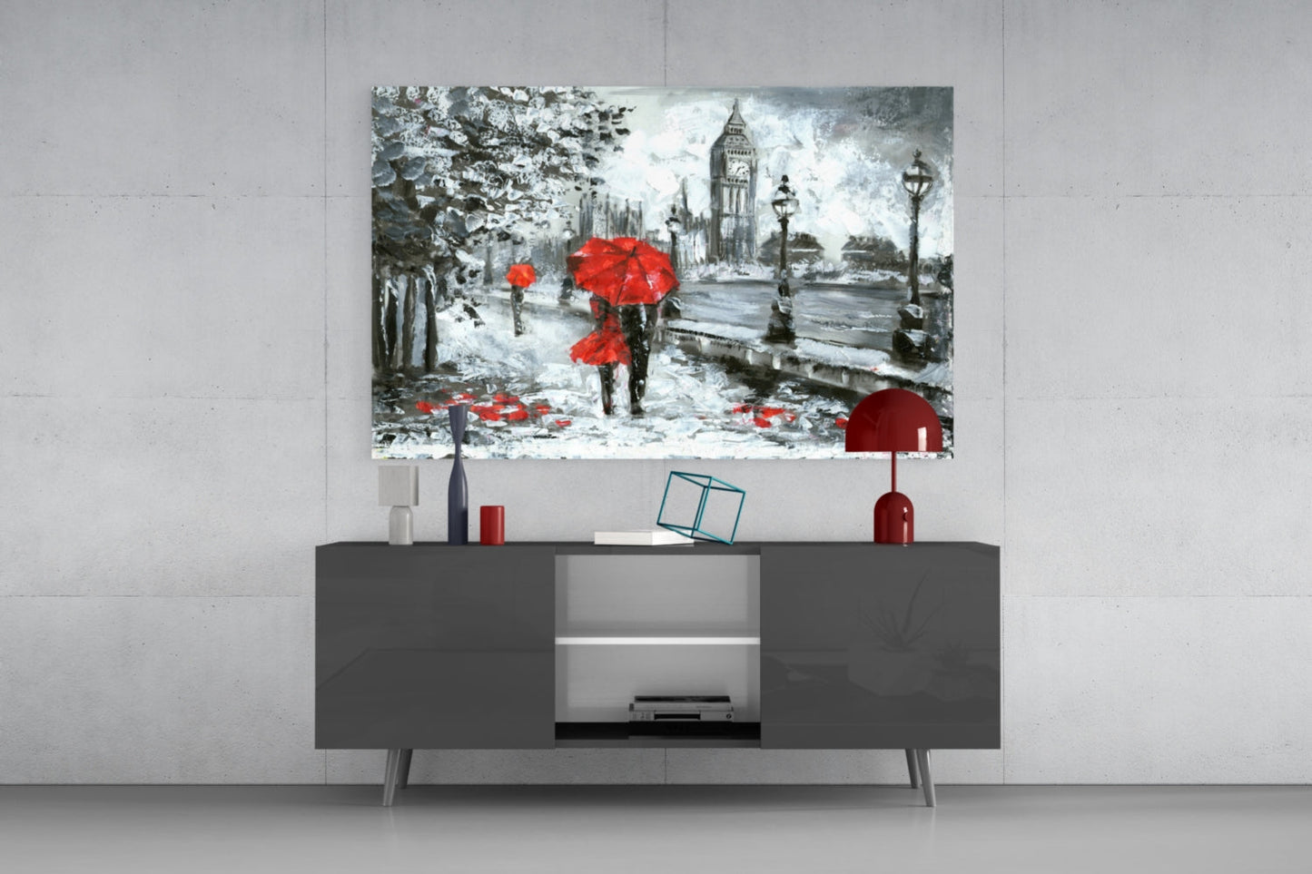 London Rainy Street Red Umbrellas Glass Wall Art