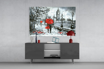 London Rainy Street Red Umbrellas Glass Wall Art