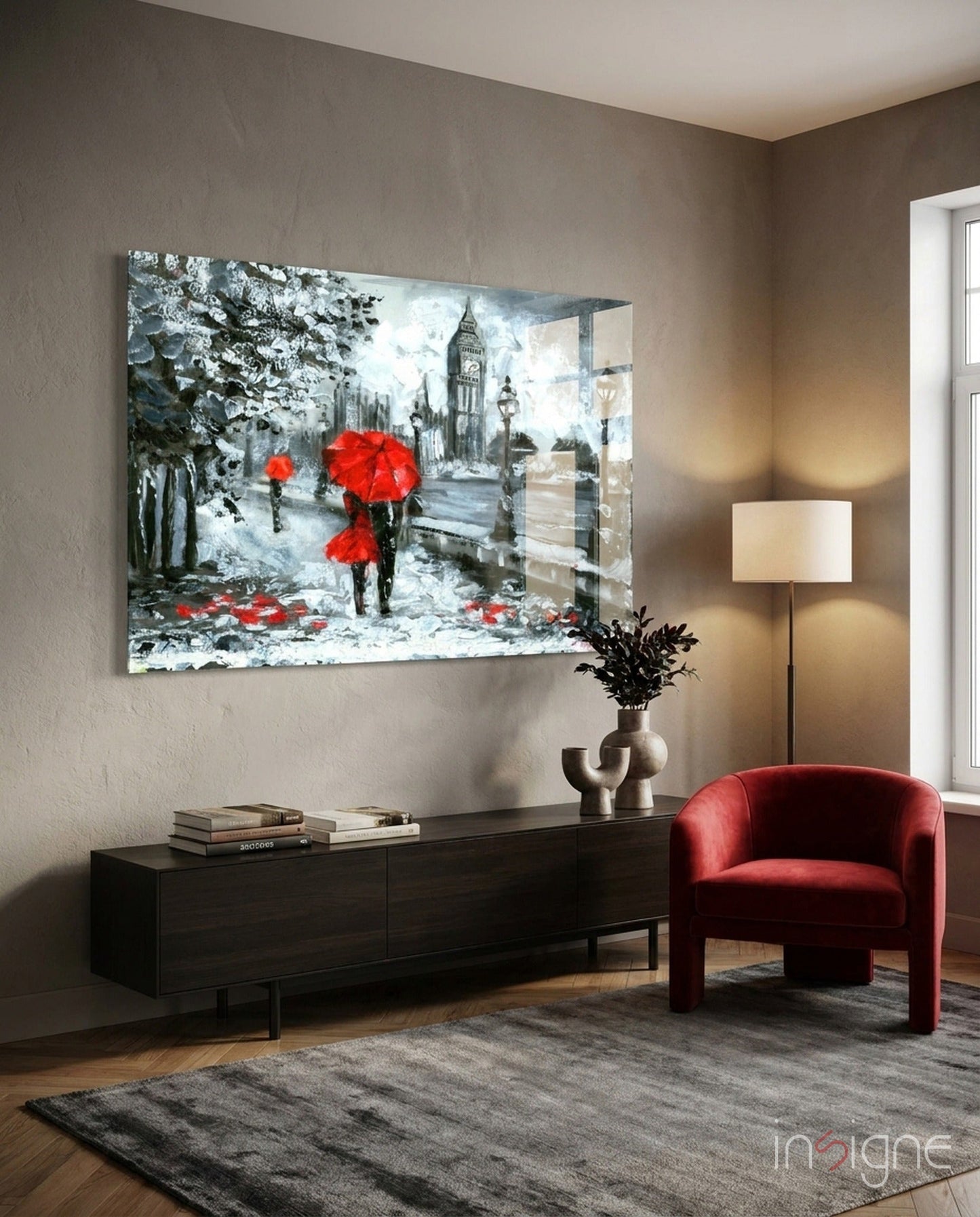 London rainy street red umbrellas glass wall art