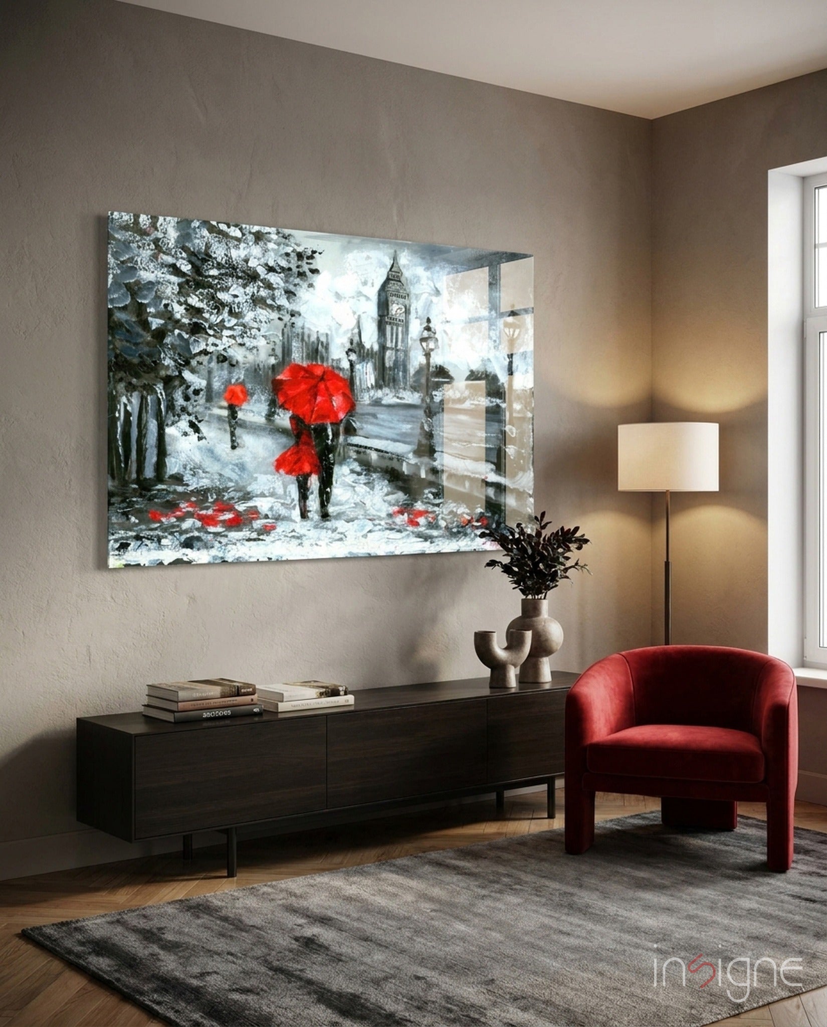 London rainy street red umbrellas glass wall art