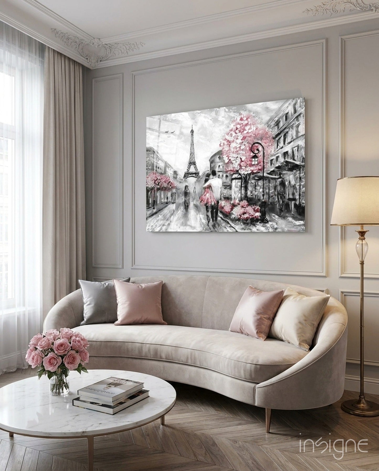 Paris street couple glass wall art Eiffel Tower