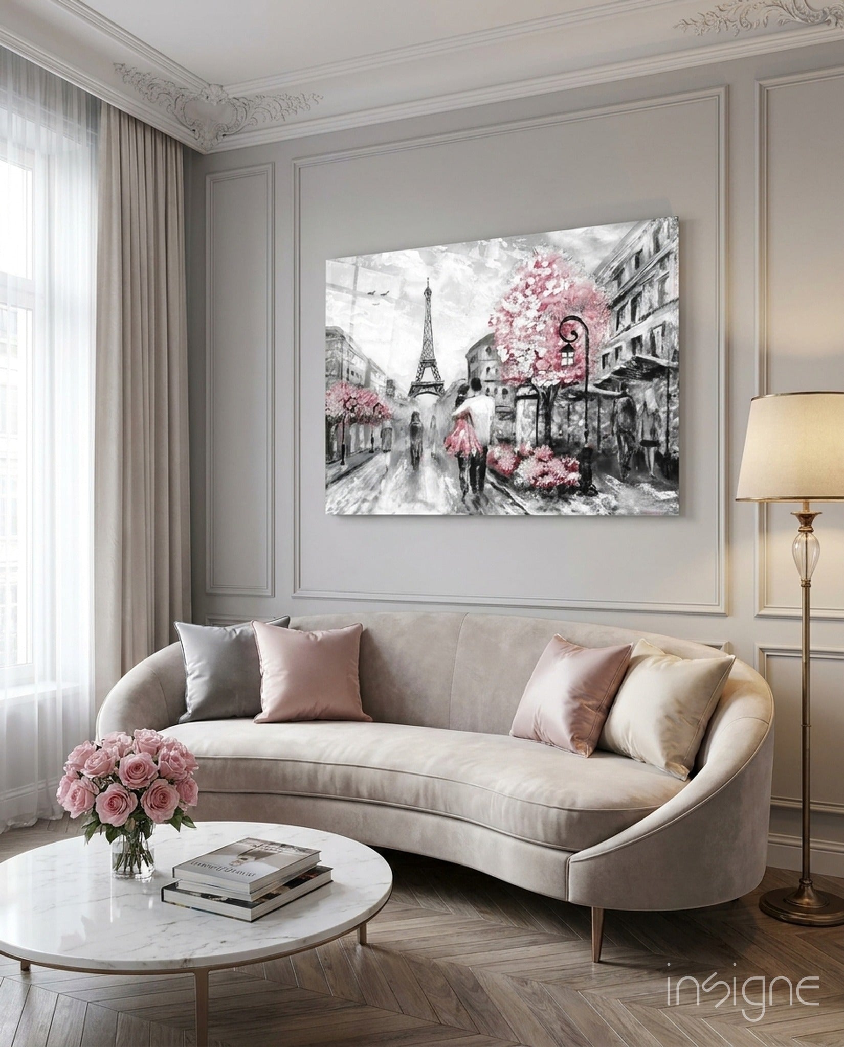 Paris street couple glass wall art Eiffel Tower