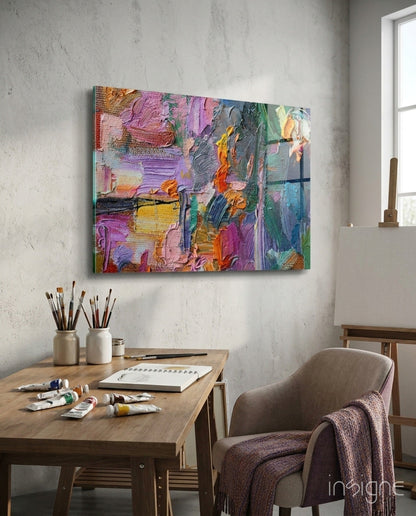 Palette Knife Abstract Glass Wall Art in violet, coral, and jade tones