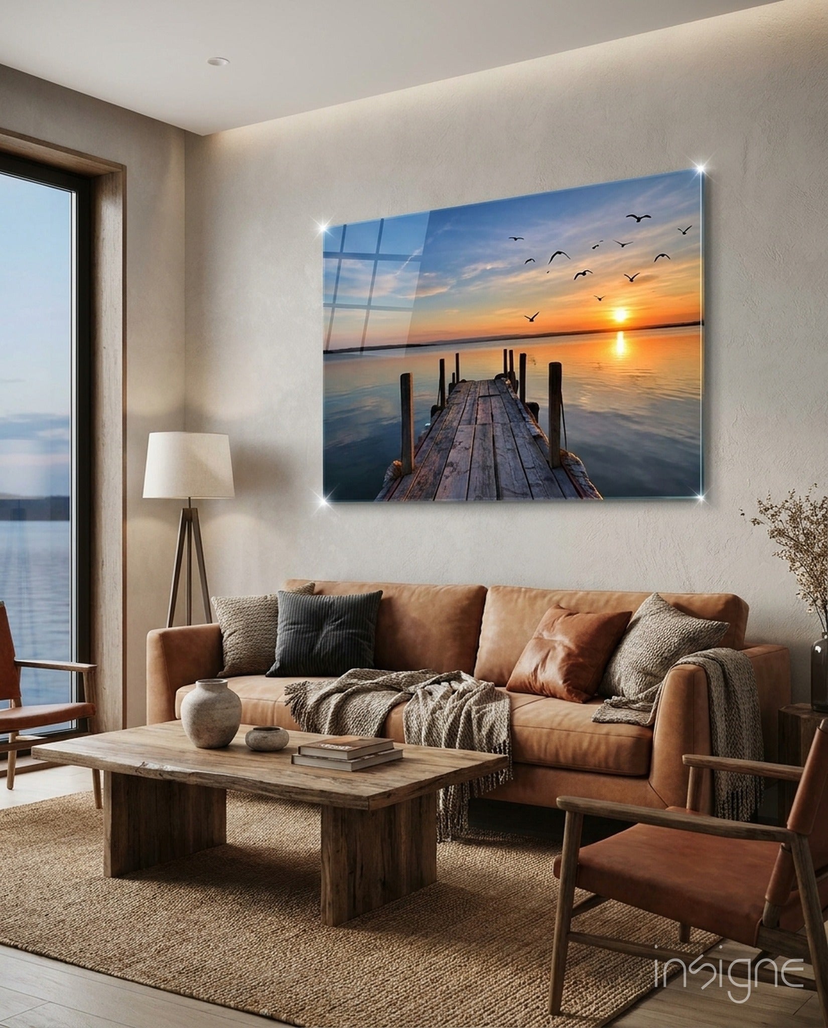 Rustic Pier sunset landscape glass wall art