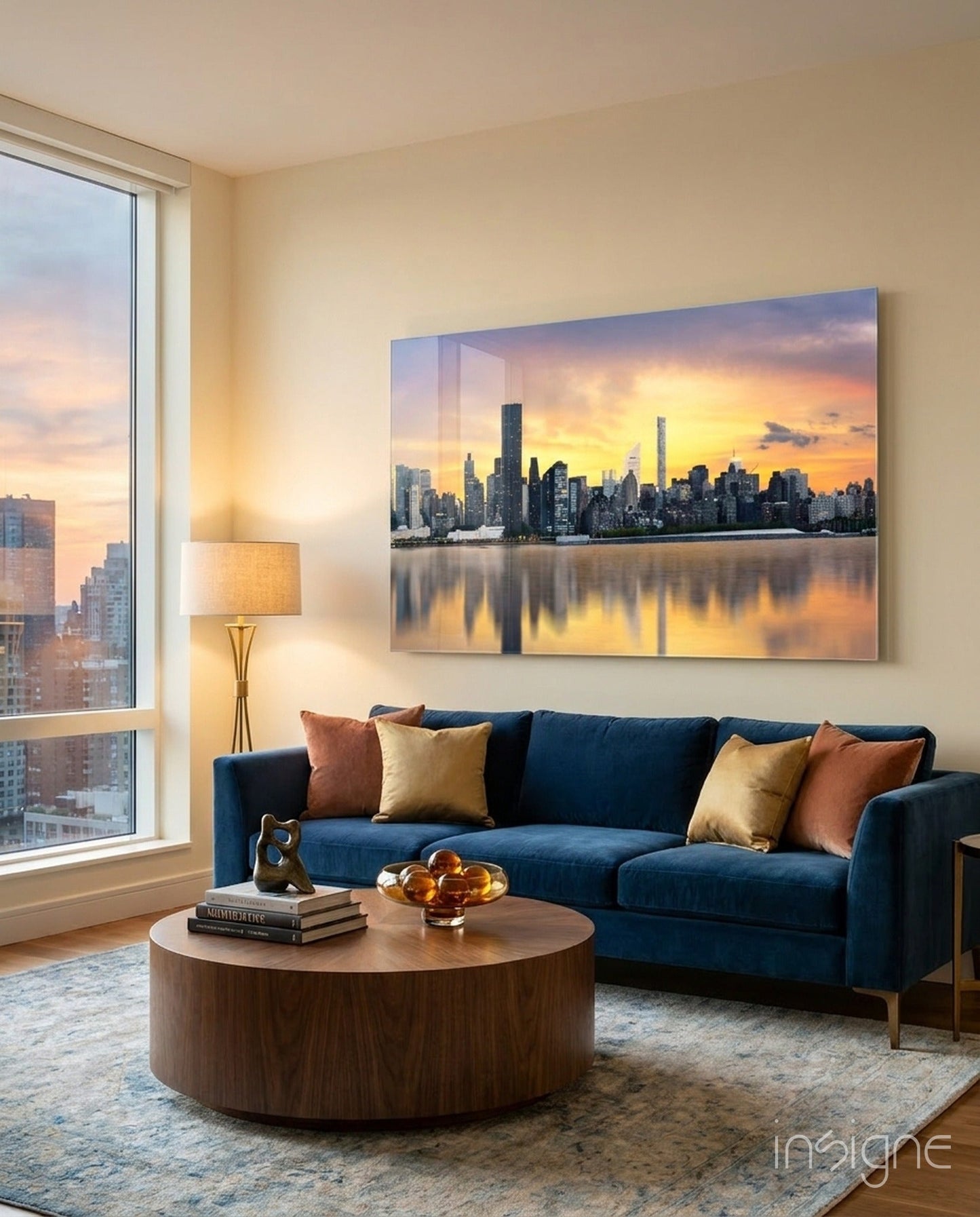 Manhattan skyline sunset glass wall art