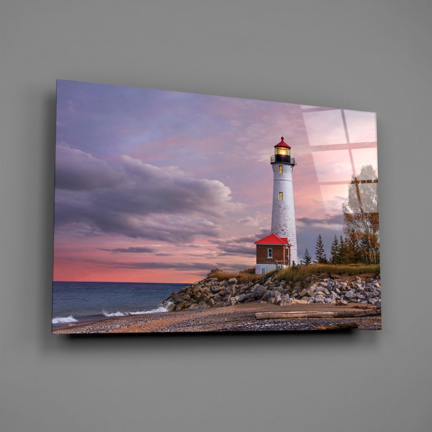 Autumn Shoreline Lighthouse Glass Wall Art