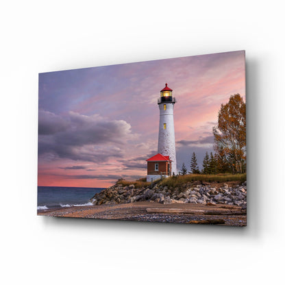 Autumn Shoreline Lighthouse Glass Wall Art