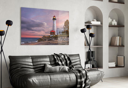 Autumn Shoreline Lighthouse Glass Wall Art