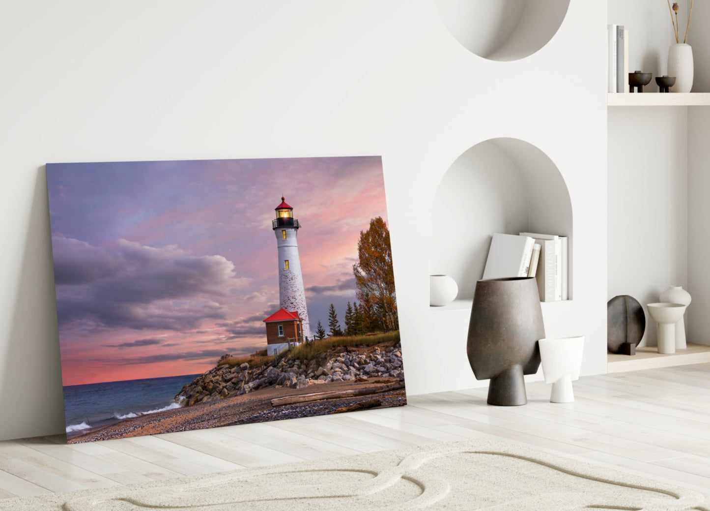 Autumn Shoreline Lighthouse Glass Wall Art
