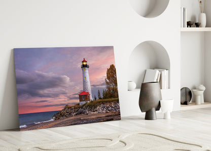 Autumn Shoreline Lighthouse Glass Wall Art